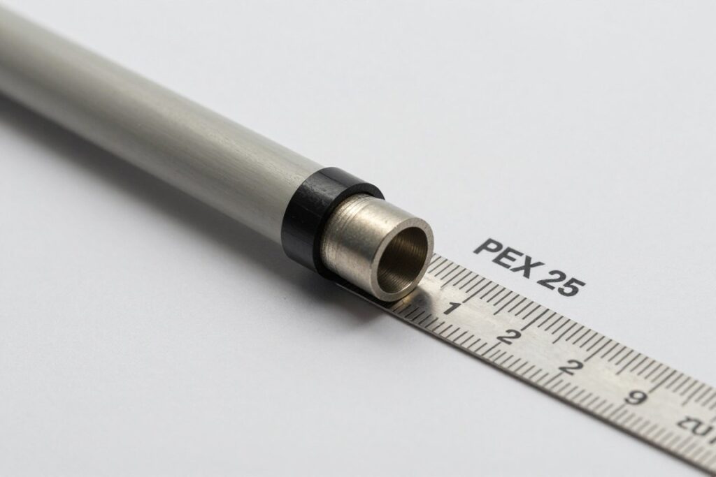 Porównanie rury PEX 25 z calową miarką dla wizualizacji wymiarów