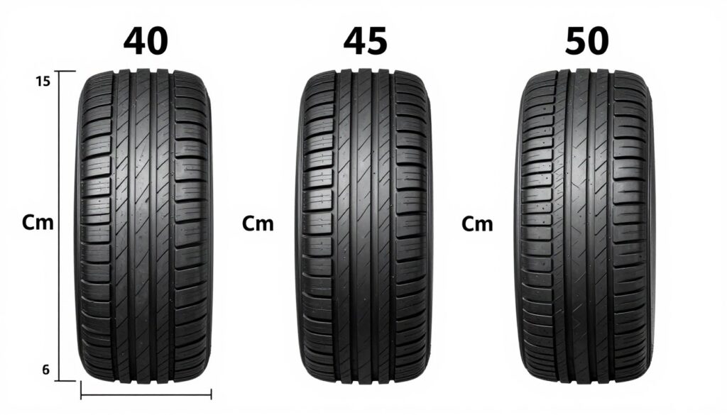 Porównanie trzech profili opon: 40, 45 i 50 z wymiarami w centymetrach