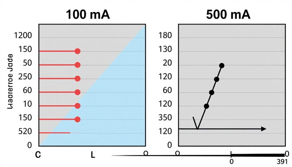 Porównanie wartości 100 mA i 500 mA w przeliczeniu na ampery