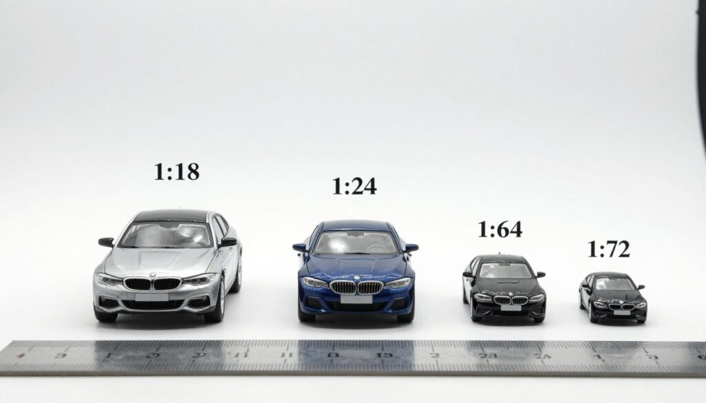 Porównanie wszystkich omówionych skal modelarskich (1:18, 1:24, 1:64, 1:72) z linijką