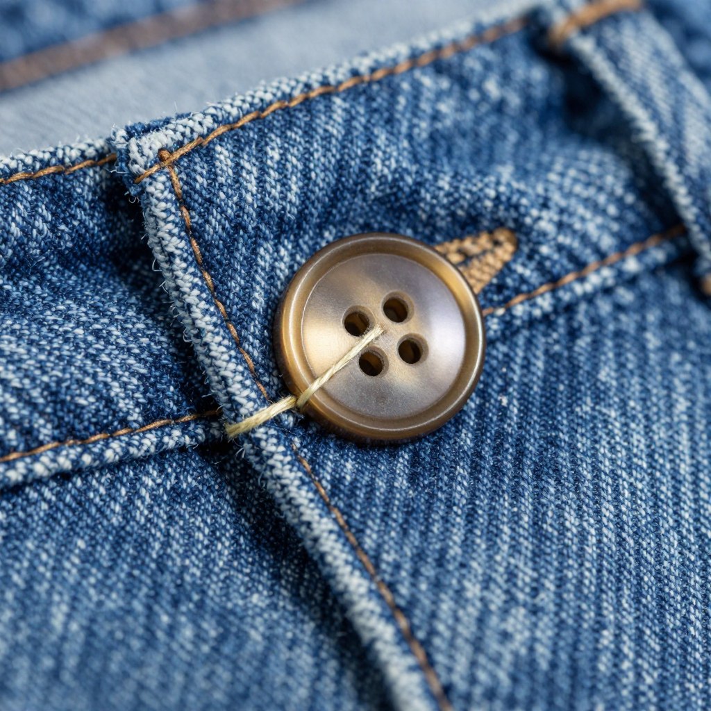 Prawidłowo przyszyty guzik do jeansów z widoczną nóżką