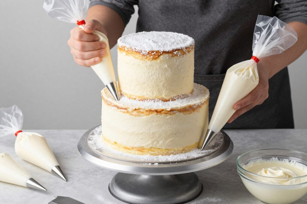 Proces dekorowania tortu z użyciem lukru z 25 dag cukru pudru