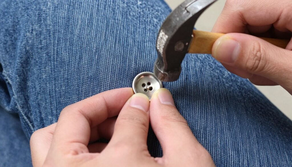 Proces nabijania guzika do jeansów z metalową stopką