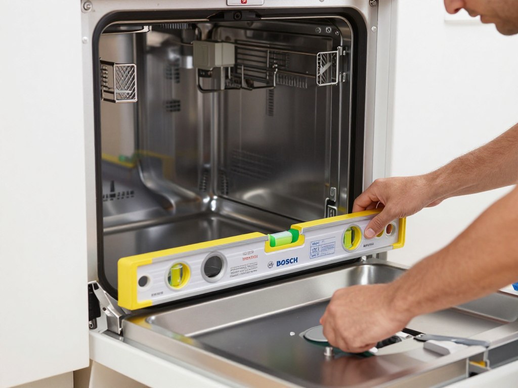 Proces poziomowania zmywarki Bosch z użyciem poziomicy