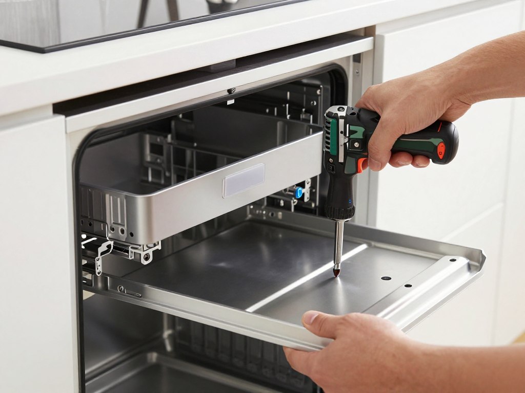 Proces przykręcania frontu do zmywarki Bosch z widocznymi narzędziami