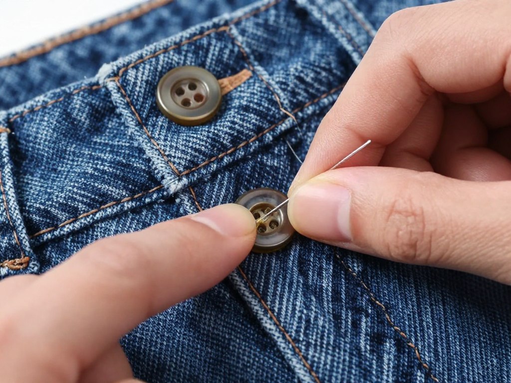 Proces przyszywania guzika do jeansów
