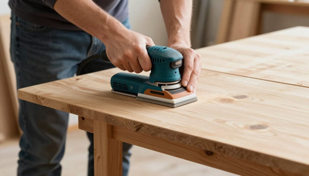 Proces szlifowania desek do stołu ogrodowego