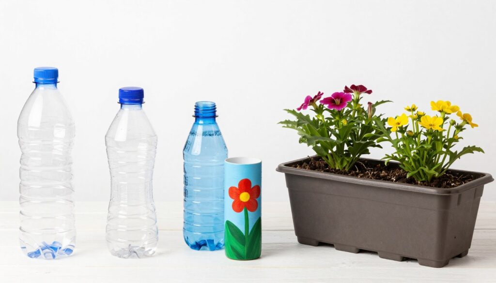 Proces tworzenia kwietnika ogrodowego z butelek plastikowych - od przygotowania butelek po gotowy kwietnik z kwiatami