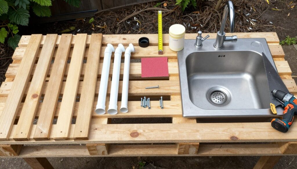 Rozłożone materiały potrzebne do budowy zlewu ogrodowego z palet