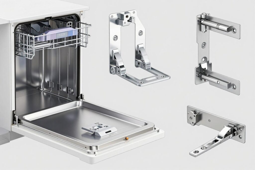 Różne metody mocowania frontu do zmywarki z widocznymi elementami montażowymi
