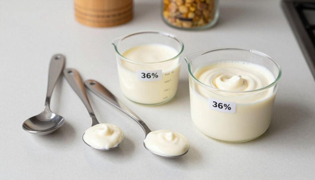 Różne miary kuchenne do odmierzania śmietany 36% - łyżka, łyżeczka, szklanka