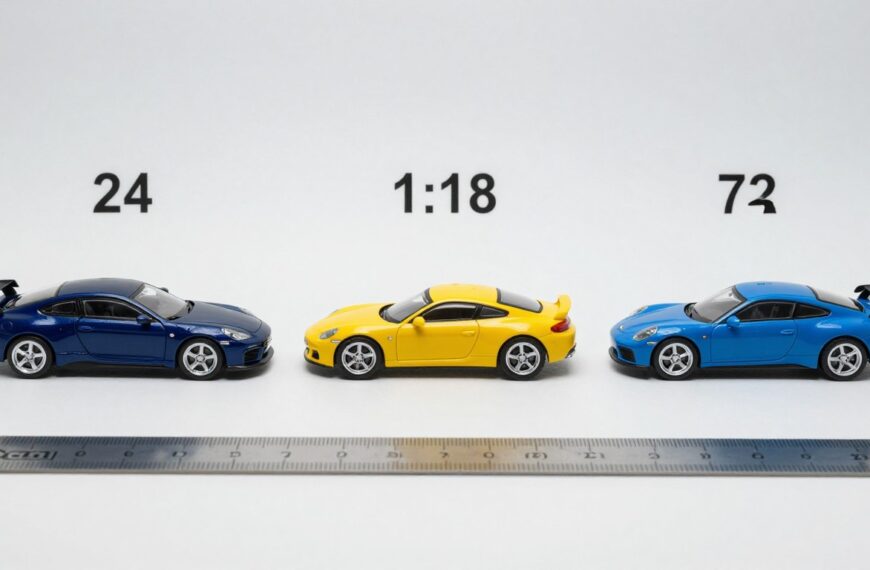 Różne modele w skalach 1:24, 1:18 i 1:72 z linijką pokazującą ich wymiary w centymetrach