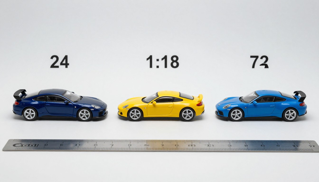 Różne modele w skalach 1:24, 1:18 i 1:72 z linijką pokazującą ich wymiary w centymetrach