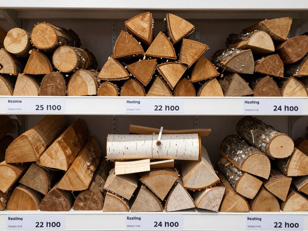 Różne rodzaje drewna opałowego z oznaczeniem wartości opałowej
