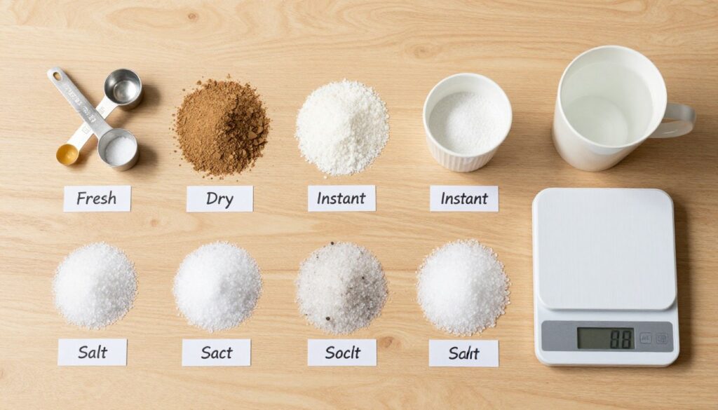 Różne rodzaje drożdży i soli z miarkami i wagą kuchenną