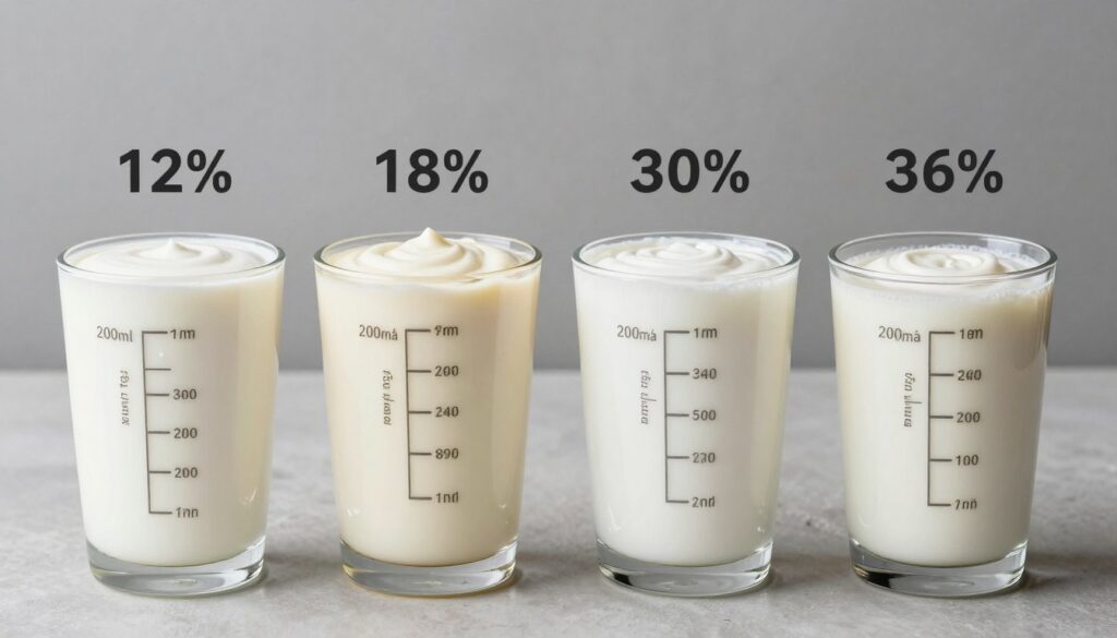 Różne rodzaje śmietany (12%, 18%, 30%, 36%) w miarkach pokazujące przelicznik 200 ml na gramy