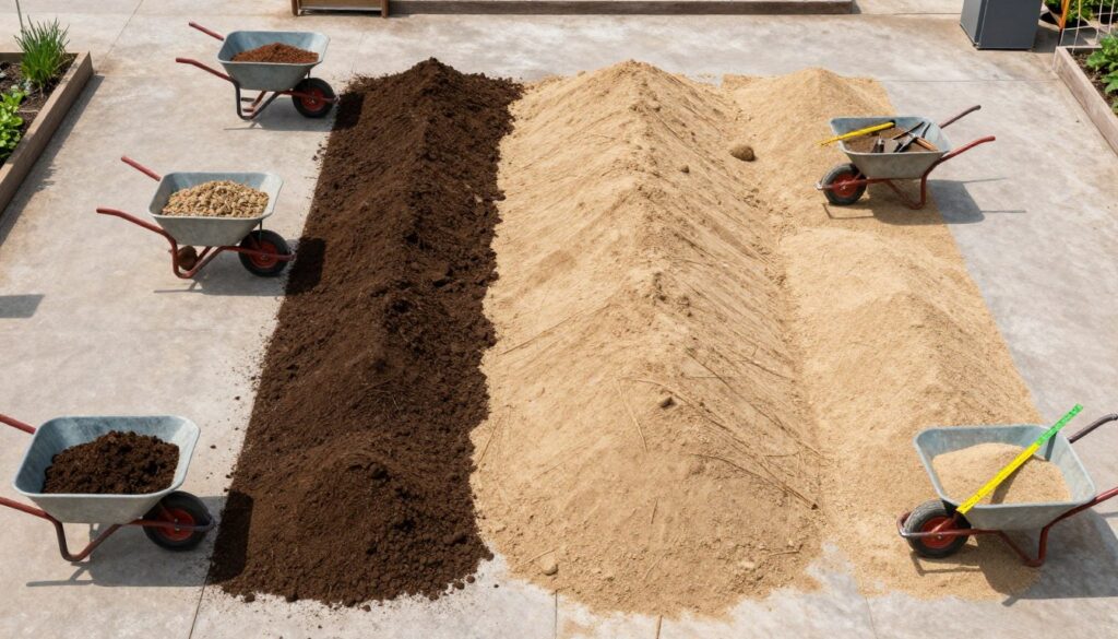 Różne rodzaje ziemi i piasku ułożone obok siebie z taczkami i narzędziami pomiarowymi