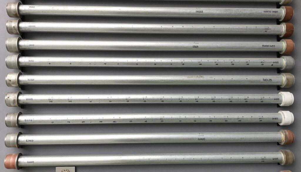 Różne rury z oznaczeniami średnic w milimetrach i calach
