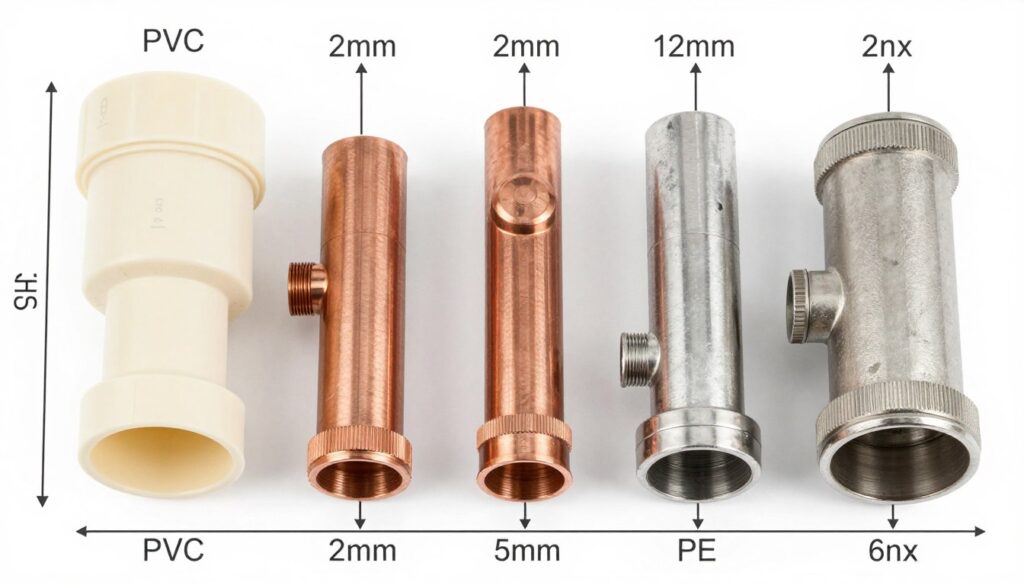 Różne typy rur o średnicy 32 mm z oznaczeniami średnic w calach