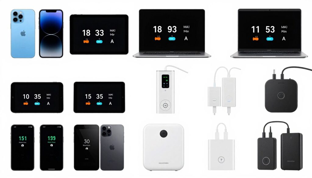 Różne urządzenia elektroniczne z oznaczeniami natężenia prądu w mA i A