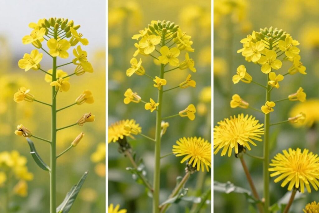 Różne żółte kwiaty polne - rzepak, gorczyca, mniszek lekarski