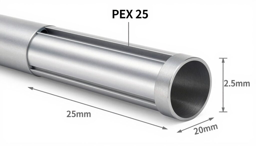 Rura PEX 25 w przekroju z oznaczeniami technicznymi i wymiarami