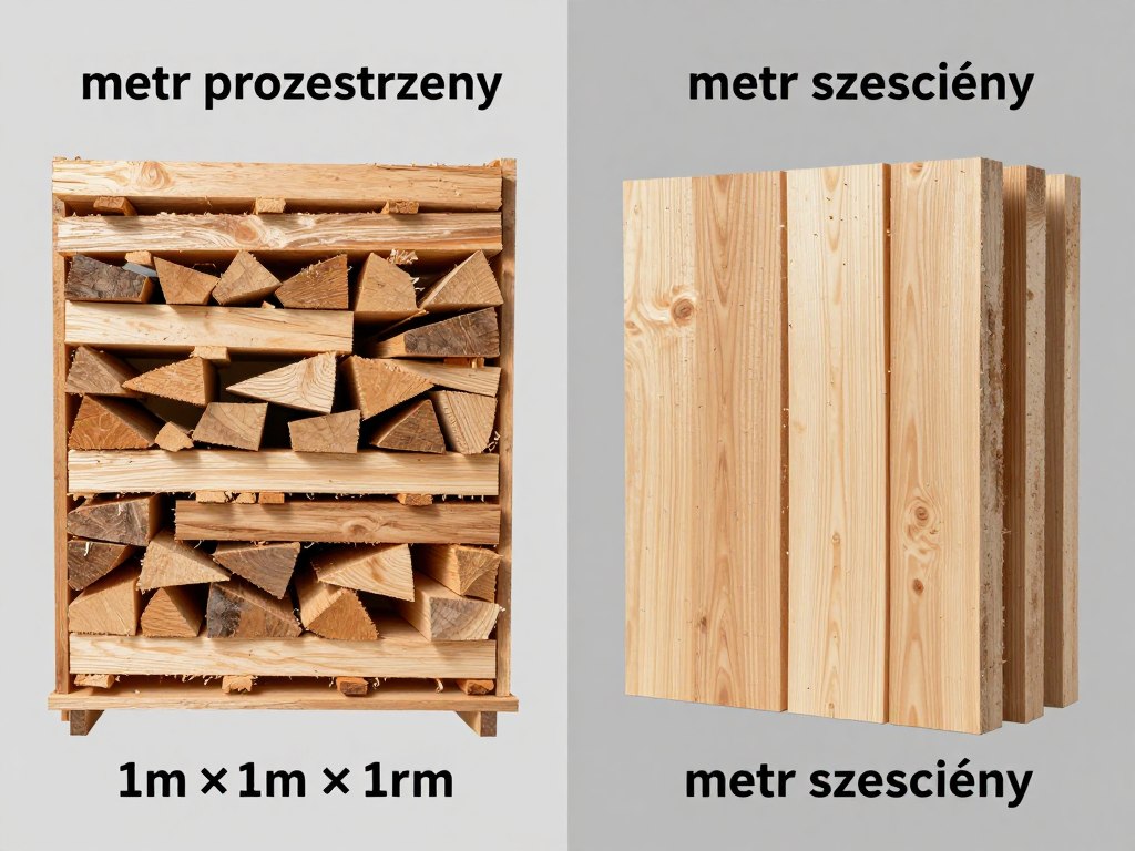 Schemat pokazujący różnicę między metrem przestrzennym a metrem sześciennym drewna