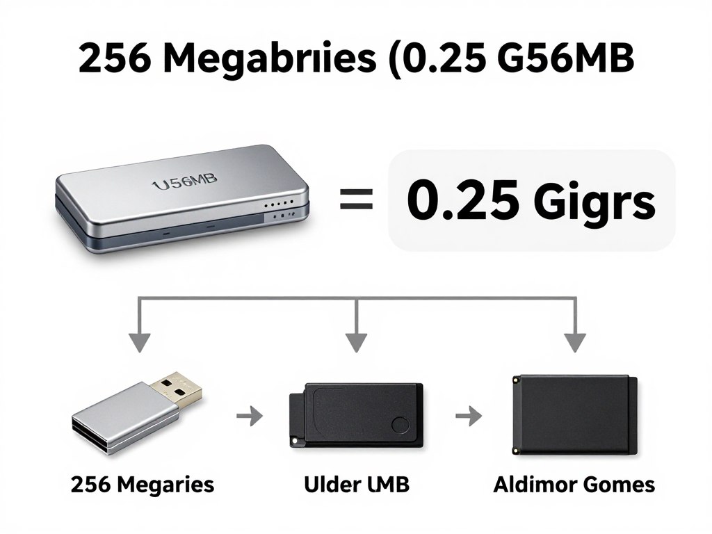 Schemat pokazujący, że 256 megabajtów to 0.25 gigabajta, z historycznym kontekstem tej pojemności