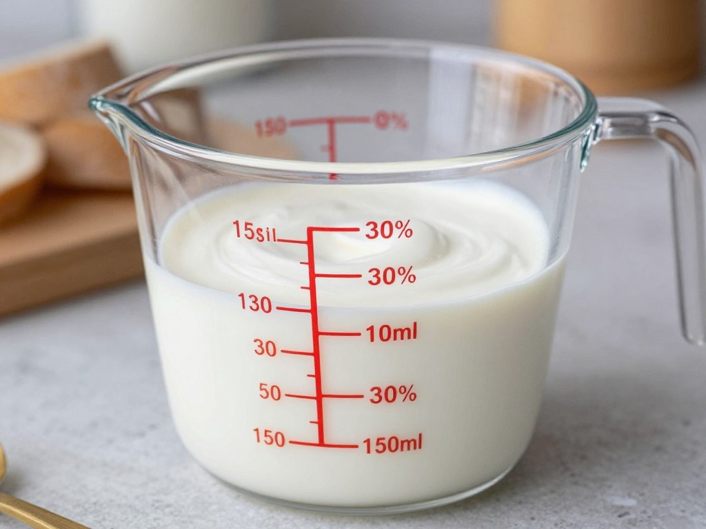 Śmietanka 30% w miarce kuchennej pokazująca przelicznik 150g na ml