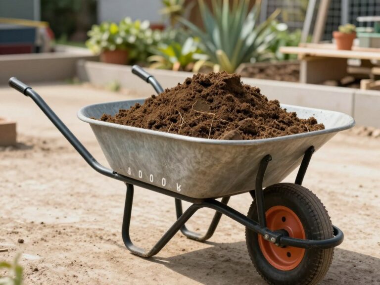 Standardowa taczka wypełniona ziemią ogrodową z widoczną skalą wagową