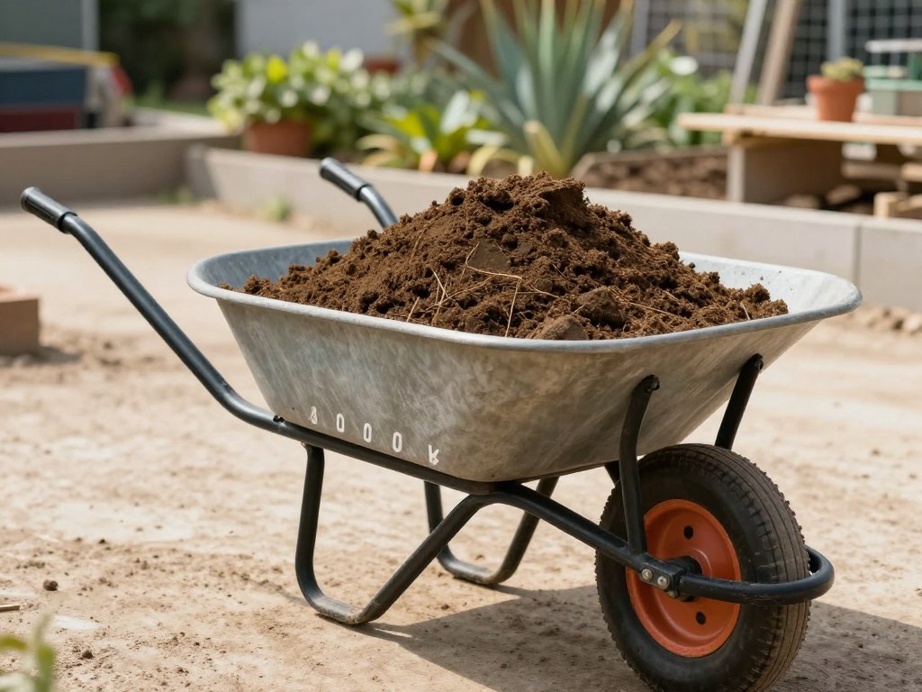 Standardowa taczka wypełniona ziemią ogrodową z widoczną skalą wagową
