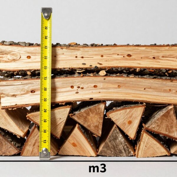 Stos drewna opałowego z widocznym metrem przestrzennym i oznaczeniem przelicznika mp na m3