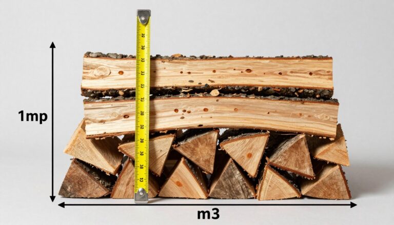 Stos drewna opałowego z widocznym metrem przestrzennym i oznaczeniem przelicznika mp na m3