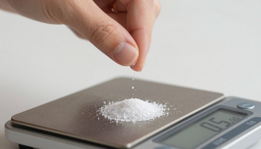 Szczypta soli między palcami na małej wadze precyzyjnej