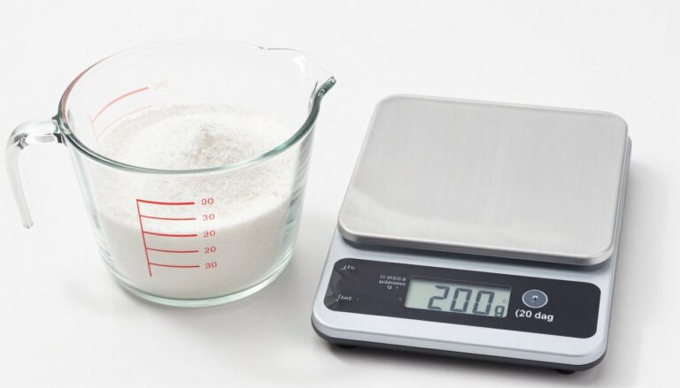 Szklanka wypełniona cukrem pudrem obok wagi kuchennej pokazującej 20 dag (200 g)