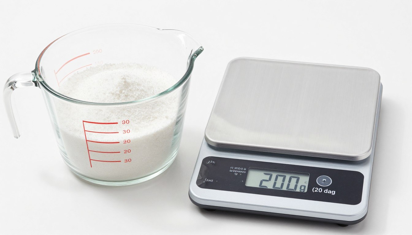 Szklanka wypełniona cukrem pudrem obok wagi kuchennej pokazującej 20 dag (200 g)