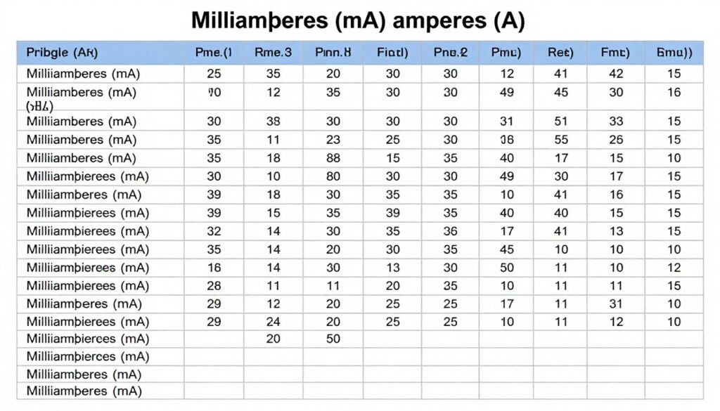 Tabela przeliczeniowa ma na ampery z różnymi wartościami