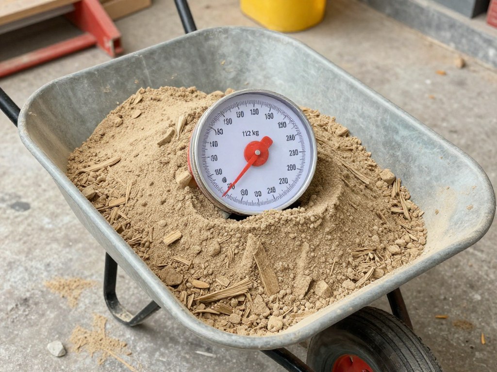 Taczka wypełniona piaskiem budowlanym z widoczną skalą wagową pokazującą około 120 kg