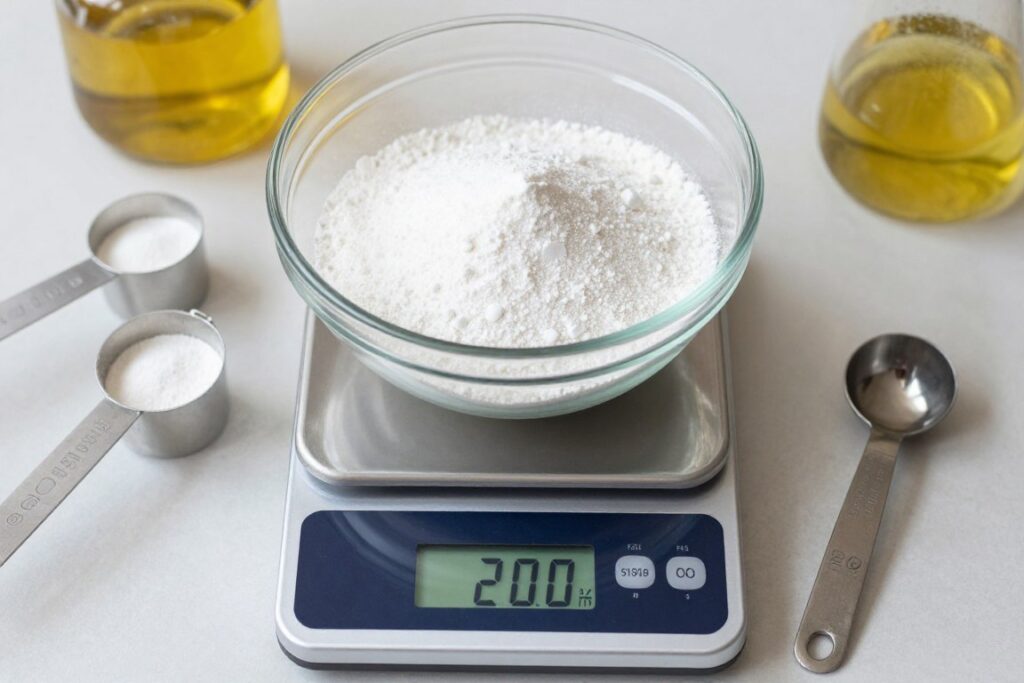 Waga kuchenna pokazująca dokładnie 200 gramów cukru pudru obok różnych narzędzi kuchennych