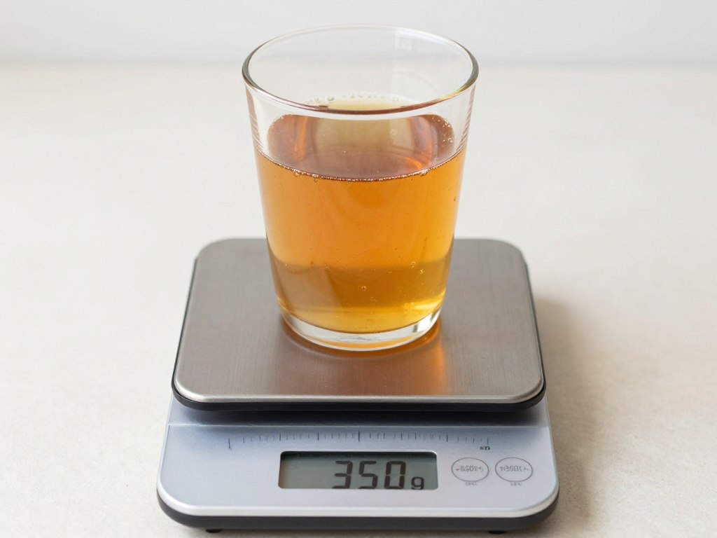 Waga kuchenna z pełną szklanką miodu pokazująca ile waży szklanka miodu