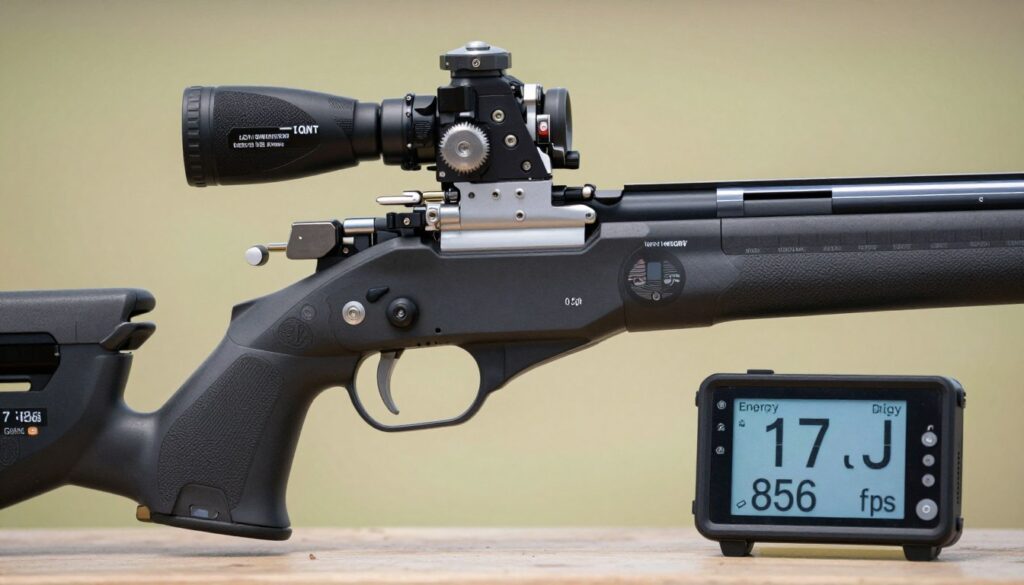 Wiatrówka o energii 17J z wyświetlonym przeliczeniem na fps (856 fps)