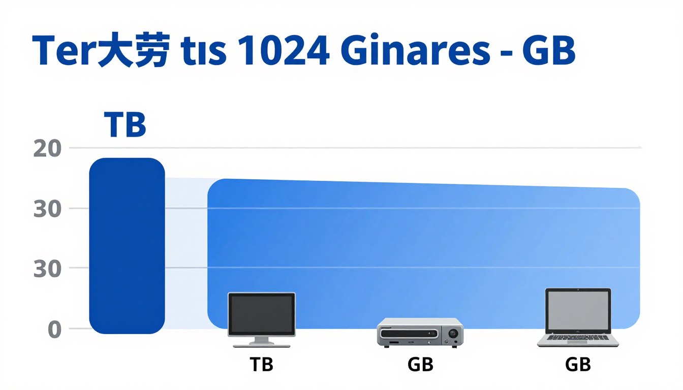 Wizualizacja porównująca jeden terabajt do 1024 gigabajtów z graficznym przedstawieniem skali