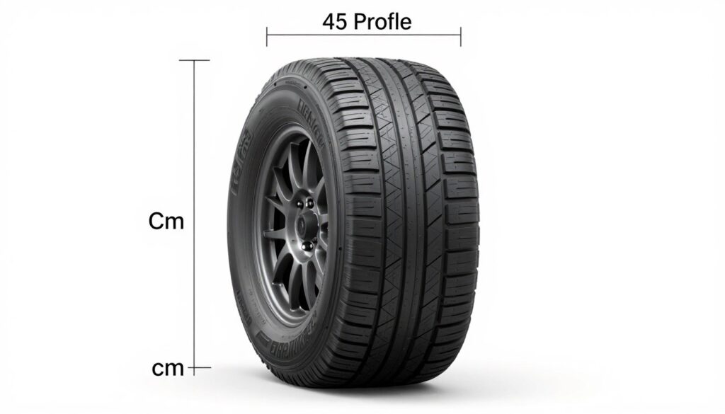 Wizualizacja profilu opony 45 z oznaczeniami wymiarów w centymetrach