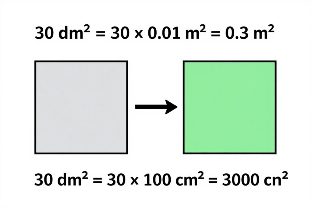 Wizualizacja przeliczania 30 dm2 na m2 i cm2