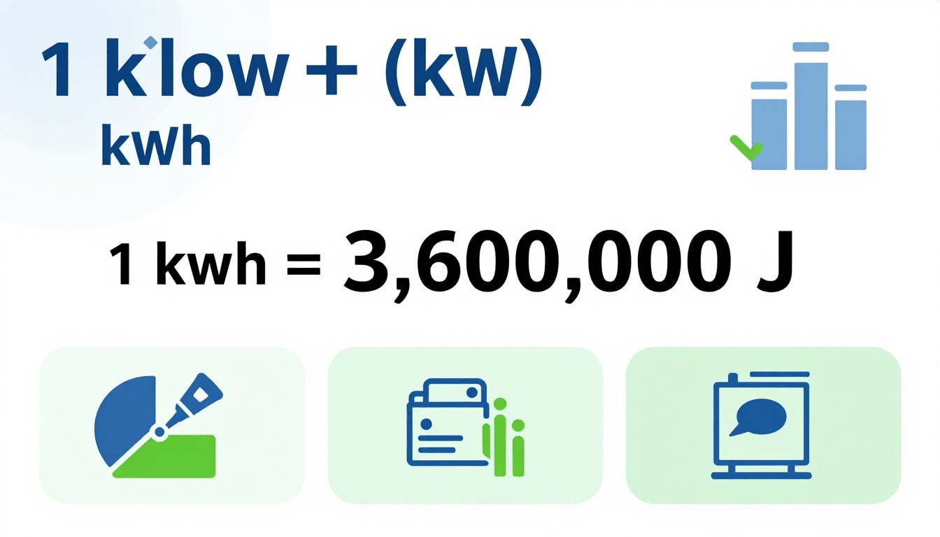 Wizualizacja przelicznika 1 kWh na dżule pokazująca równanie 1 kWh = 3 600 000 J