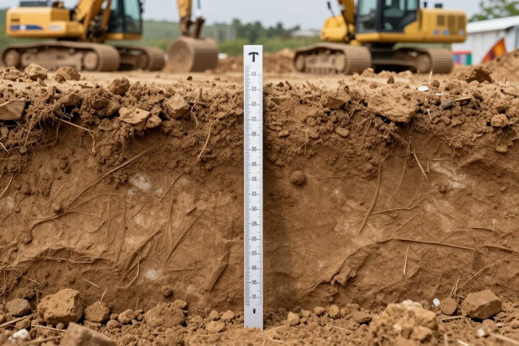 Wykop ziemi z widocznym przekrojem warstw gleby i miarką wskazującą objętość jednego metra sześciennego