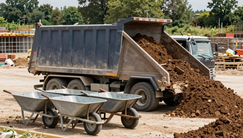 Wywrotka wyładowująca ziemię obok stosu pustych taczek przygotowanych do transportu