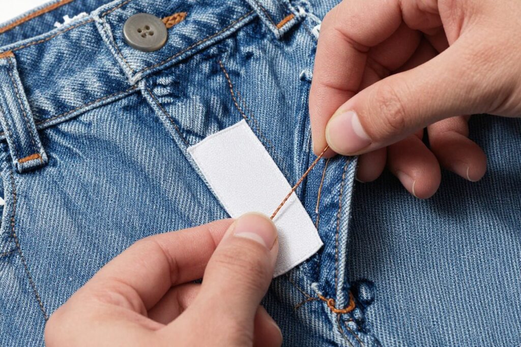 Wzmacnianie uszkodzonego materiału przy montażu guzika do jeansów