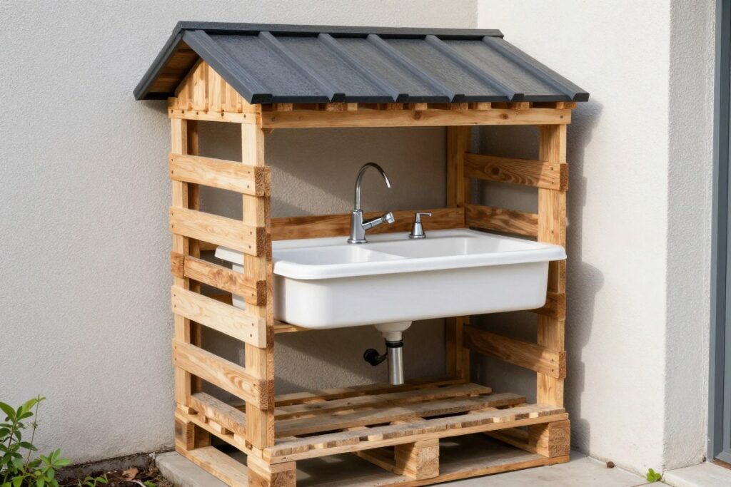 Zadaszony zlew ogrodowy z palet przy ścianie budynku