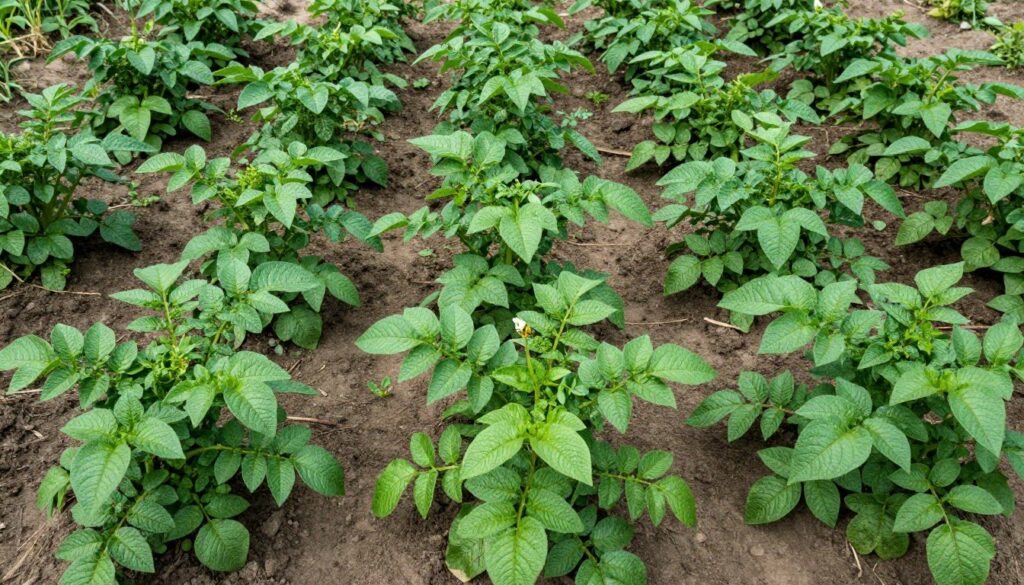 Zdrowe rośliny ziemniaka bez kwiatów, pokazujące bujne zielone liście